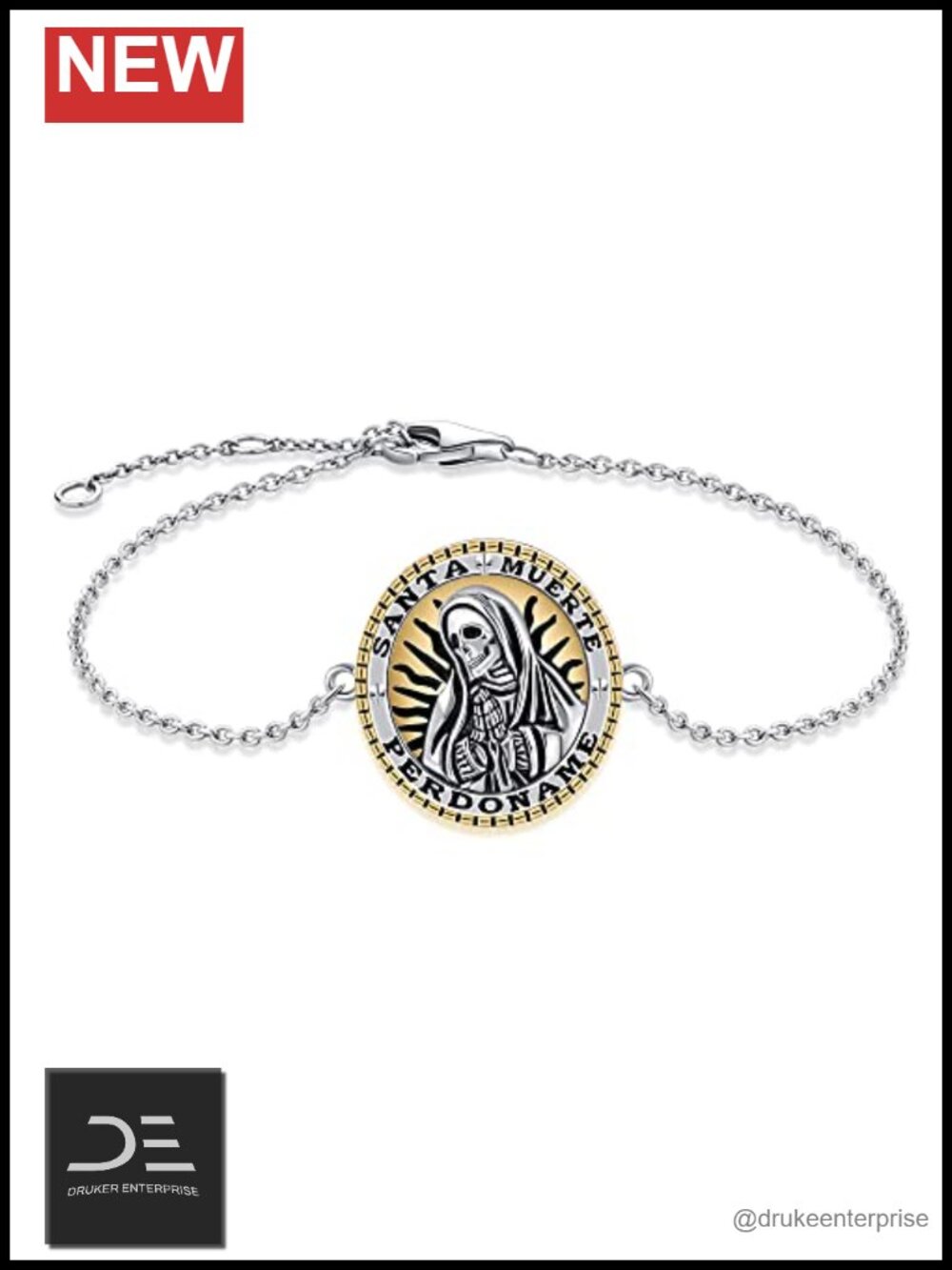 Santa Muerte Charm Bracelet 925 Sterling Silver Black Gold Plated